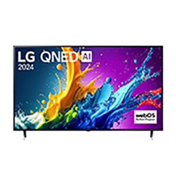 Widok z przodu na telewizor LG QNED, QNED80 z tekstem LG QNED, 2024 i logo webOS Re:New Program na ekranie