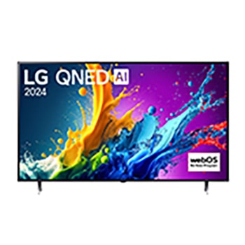 Widok z przodu na telewizor LG QNED, QNED80 z tekstem LG QNED, 2024 i logo webOS Re:New Program na ekranie