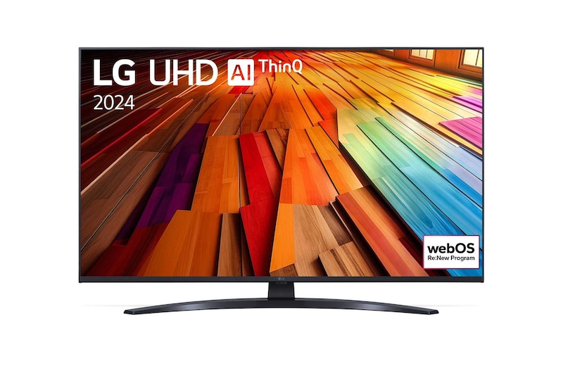 Widok z przodu na telewizor LG UHD, UT81 z tekstem LG UHD AI ThinQ, 2024 i logo webOS Re:New Program na ekranie