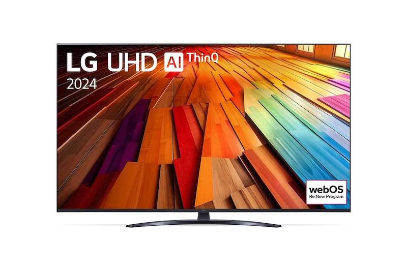 Widok z przodu na telewizor LG UHD, UT81 z tekstem LG UHD AI ThinQ, 2024 i logo webOS Re:New Program na ekranie