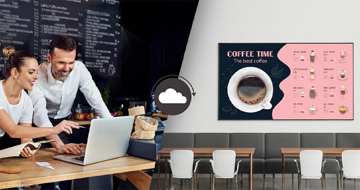 Menedżerowie kawiarni tworzą menu, które będą wyświetlane na wyświetlaczu zainstalowanym na ścianie kawiarni przy użyciu oprogramowania do zarządzania treścią.