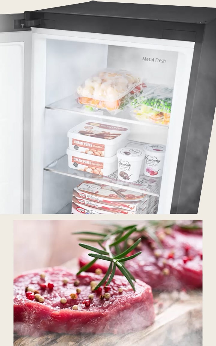 Jeden obraz przedstawia otwartą zamrażarkę wypełnioną produktami i dmuchającym zimnym powietrzem. Drugi obraz przedstawia nieugotowane surowe mięso, które rozmroziło się i jest gotowe do obróbki.