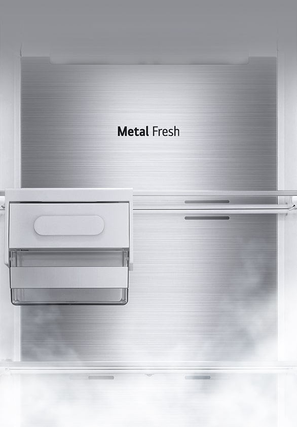 Wnętrze lodówki jest pokazane jako puste, z umieszczonym stojakiem na lód i półką, a tył jest oznaczony jako „Metal Fresh”.