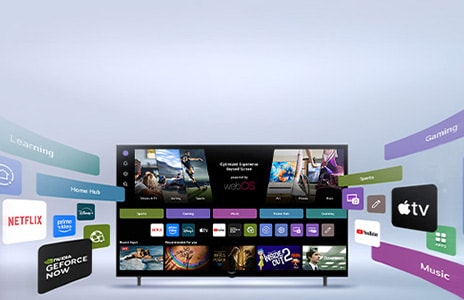 LG Smart TV z ekranem głównym webOS wyświetlającym aplikacje rozrywkowe i interfejs LG Channels, który dynamicznie się rozwija, prezentując ponad 4000 globalnych aplikacji i kanałów.