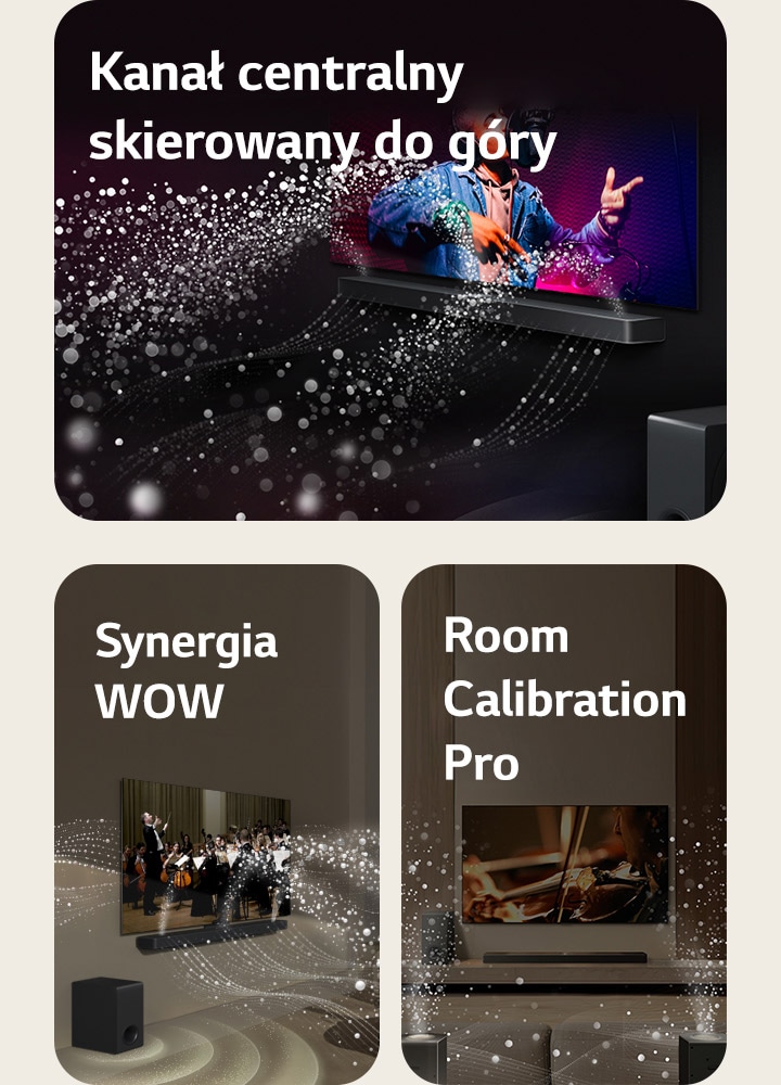 LG TV i LG Soundbar w czarnym pokoju. Odtwarzany jest występ muzyczny. Białe kropel reprezentujące fale dźwiękowe tryskają w górę i do przodu z soundbara, kiedy subwoofer tworzy efekt dźwiękowy emitowany z dołu.  LG TV i LG Soundbar w salonie odtwarzające występ orkiestry. Białe fale kropel reprezentujące fale dźwiękowe tryskają w górę i do przodu z soundbara oraz rzutują z telewizora, kiedy subwoofer tworzy efekt dźwiękowy emitowany z dołu.  LG TV, LG Soundbar, tylne głośniki i subwoofer znajdują się w salonie. Nad pomieszczeniem pojawia się nakładka z siatką, niczym skan przestrzeni. Białe fale dźwiękowe składające się z kropelek pokazują, że tylne głośniki i soundbar współgrają w harmonii.