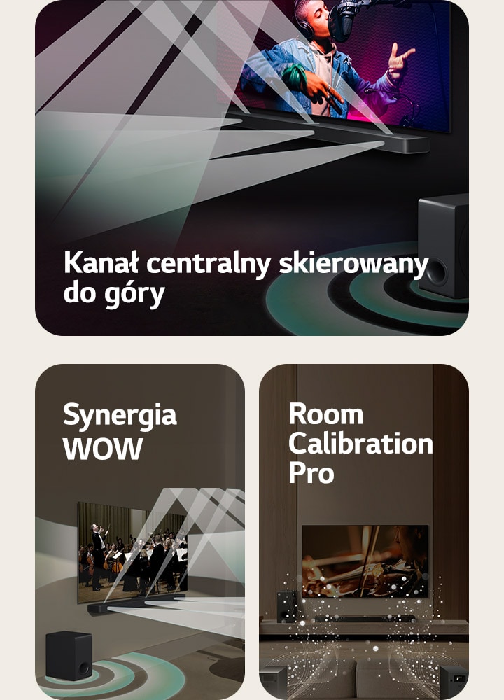 Telewizor LG i soundbar LG w czarnym pomieszczeniu odtwarzają występ muzyczny. Białe krople, symbolizujące fale dźwiękowe, unoszą się ku górze i do przodu z soundbara, podczas gdy subwoofer generuje efekt dźwiękowy od dołu.  Telewizor LG i soundbar LG w salonie odtwarzają występ orkiestry. Białe fale kropli, symbolizujące fale dźwiękowe, unoszą się ku górze i do przodu z soundbara oraz emitowane są z telewizora, a subwoofer generuje efekt dźwiękowy od dołu.  Telewizor LG, soundbar LG, tylne głośniki i subwoofer znajdują się w salonie. Nałożona zostaje siatka, przypominająca skan przestrzeni. Białe fale dźwiękowe z kropli ukazują tylne głośniki i soundbar grające w harmonii.