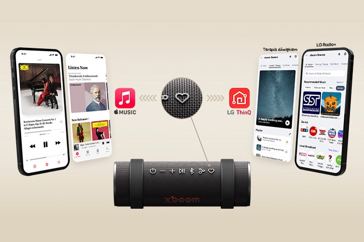 Po lewej i prawej stronie obrazy aplikacji na telefonie. Po lewej logo Apple Music, po prawej logo LG ThinQ. Na dole górna część xboom Grab z wyróżnionym „Moim przyciskiem”.