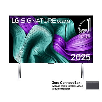 Widok z przodu na LG OLED M5 Signature TV. Emblemat „12 Years of World Number 1 OLED” i logo LG Signature OLED M na ekranie. Zero Connect Box w rogu z tytułem Zero Connect Box z bezprzewodowym przesyłaniem obrazu i dźwięku 4K 120 Hz