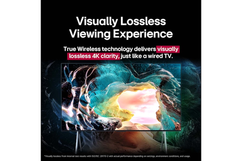 Ekran LG OLED M5 TV prezentujący wnętrze jaskini z widokiem na niebo. Tekst podkreśla imponujący poziom detali i jakość 4K bez strat wizualnych.