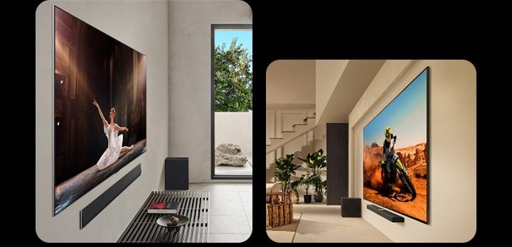Różnorodne salony z różnymi telewizorami LG Ultra Big zamontowanymi na ścianie. W każdej z tych przestrzeni Ultra Big TV jest połączony z LG Soundbar.