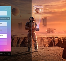 Treści science-fiction są odtwarzane na ekranie LG QNED TV. Na ekranie znajduje się interfejs AI Chatbot. Użytkownik wysyła wiadomość, że ekran jest zbyt ciemny. Chatbot zaproponował rozwiązanie problemu. Cała scena jest podzielona na dwie części. Jedna strona jest ciemniejsza, druga jaśniejsza, ukazując, jak AI Chatbot automatycznie rozwiązał problem użytkownika.