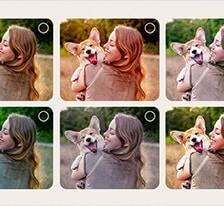 Ekran użytkownika wykonującego proces personalizacji w AI Picture Wizard. Wyświetlana jest seria zdjęć z podświetlonymi wyborami użytkownika. Pojawia się ikona ładowania, a obraz krajobrazu zostaje stopniowo ulepszony od lewej do prawej.