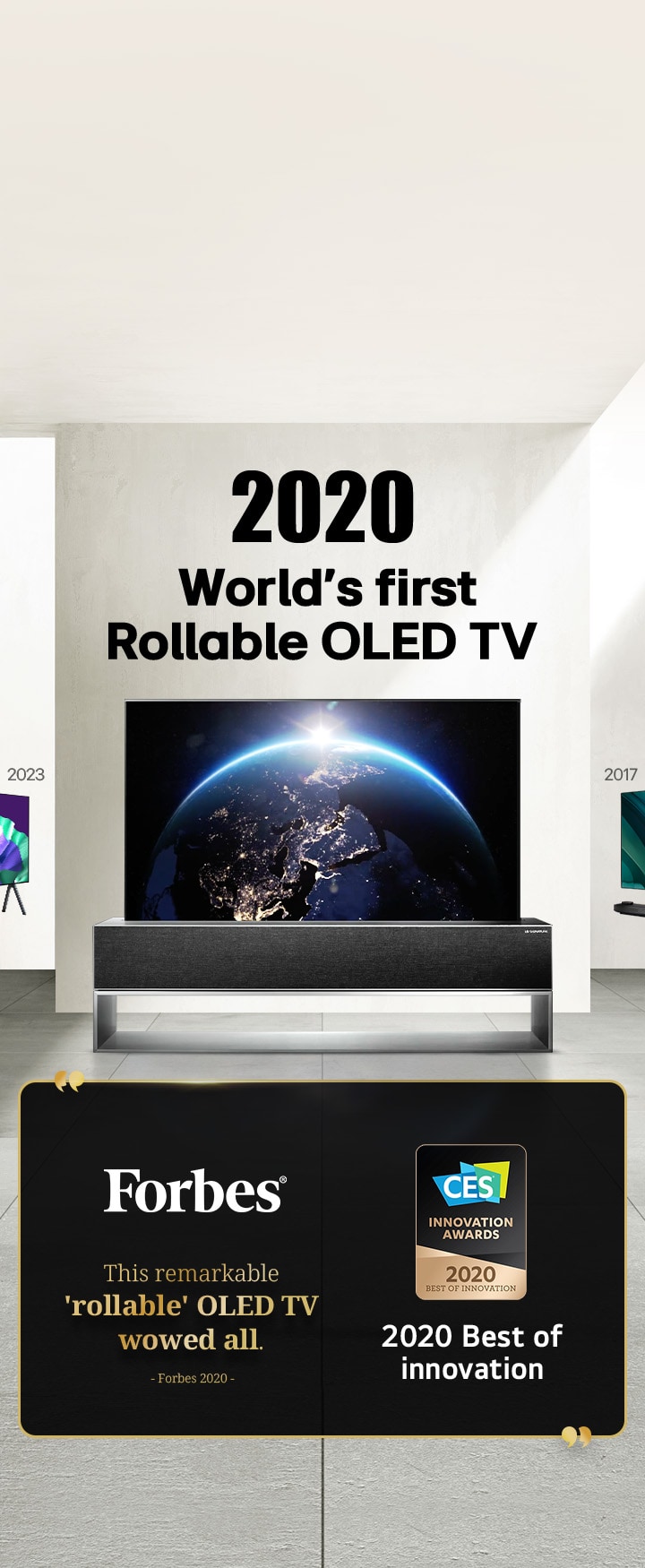 LG TV. Tytuł brzmi: 2020, Pierwszy na świecie zwijany telewizor OLED. Treści nagród obok. Forbes, ten niezwykły zwijany telewizor OLED zachwycił wszystkich. Nagroda Best of Innovation 2020 przyznana przez CES Innovation Awards.