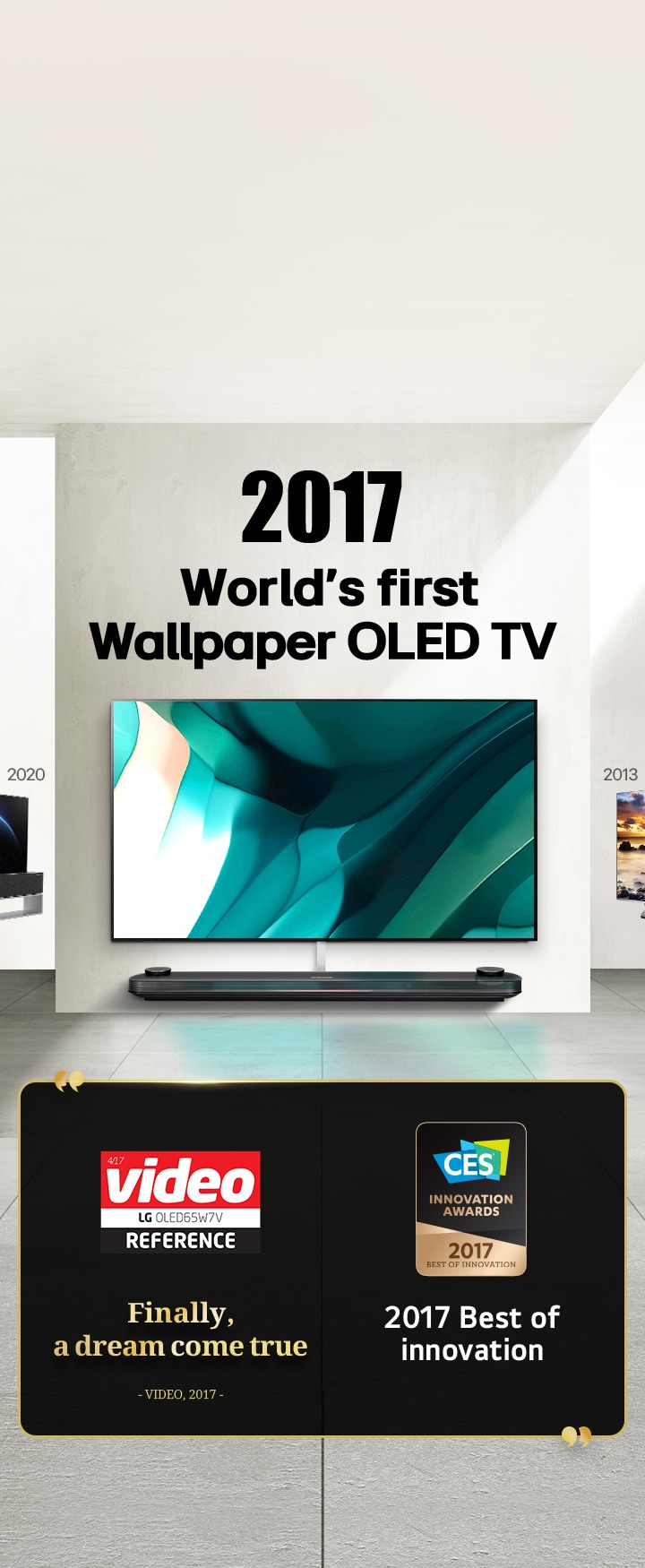 LG TV. Tytuł brzmi: „2017 – pierwszy na świecie telewizor OLED w formie tapety”. Treści nagród obok. Wideo, w końcu spełnienie marzeń. Nagroda Best of Innovation 2017 przyznana przez CES Innovation Awards.