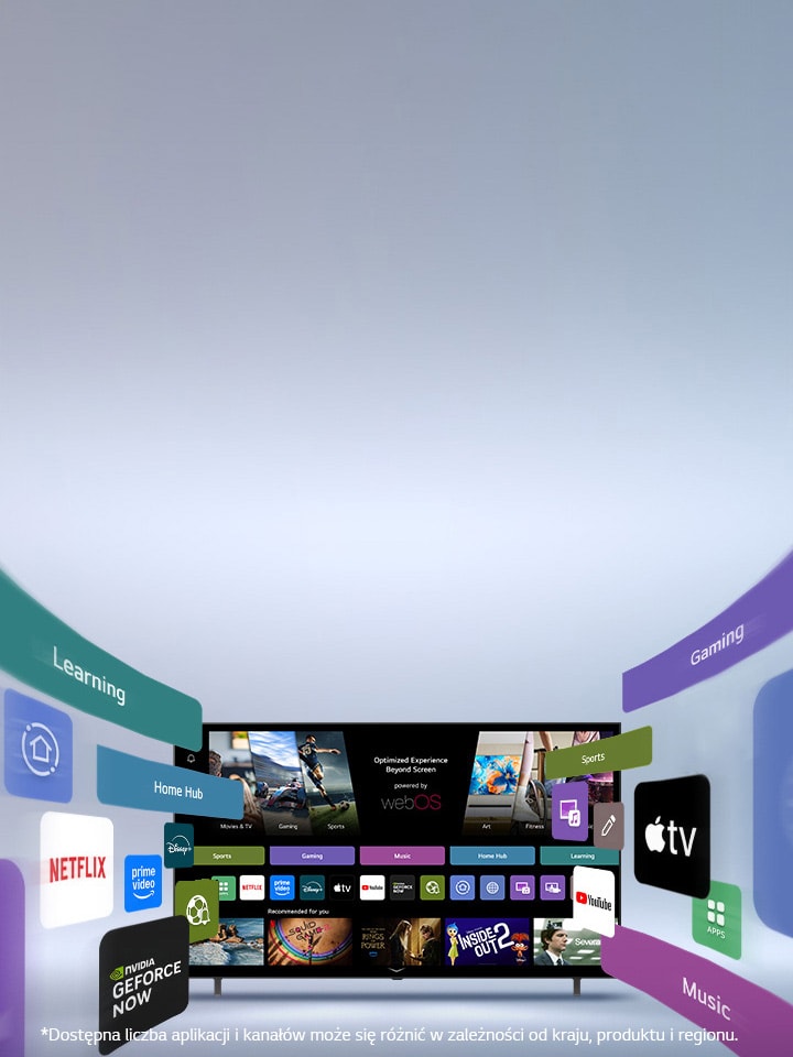 LG Smart TV z ekranem głównym webOS wyświetlającym aplikacje rozrywkowe i interfejs LG Channels, który dynamicznie się rozwija, prezentując ponad 4000 globalnych aplikacji i kanałów.