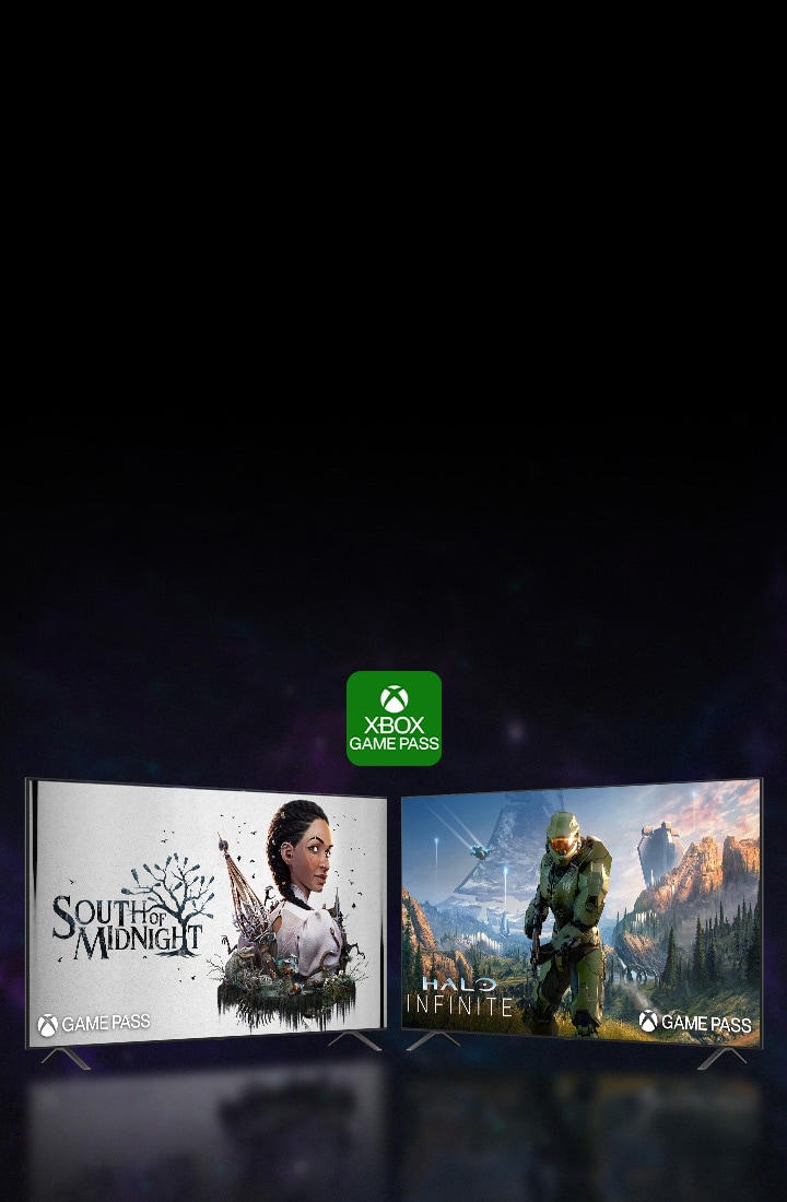 Dwa telewizory LG Smart wyświetlające różne ekrany gier Xbox, prezentujące wysokiej jakości wrażenia z gry dostępne za pośrednictwem Xbox Game Pass Ultimate na LG TV.