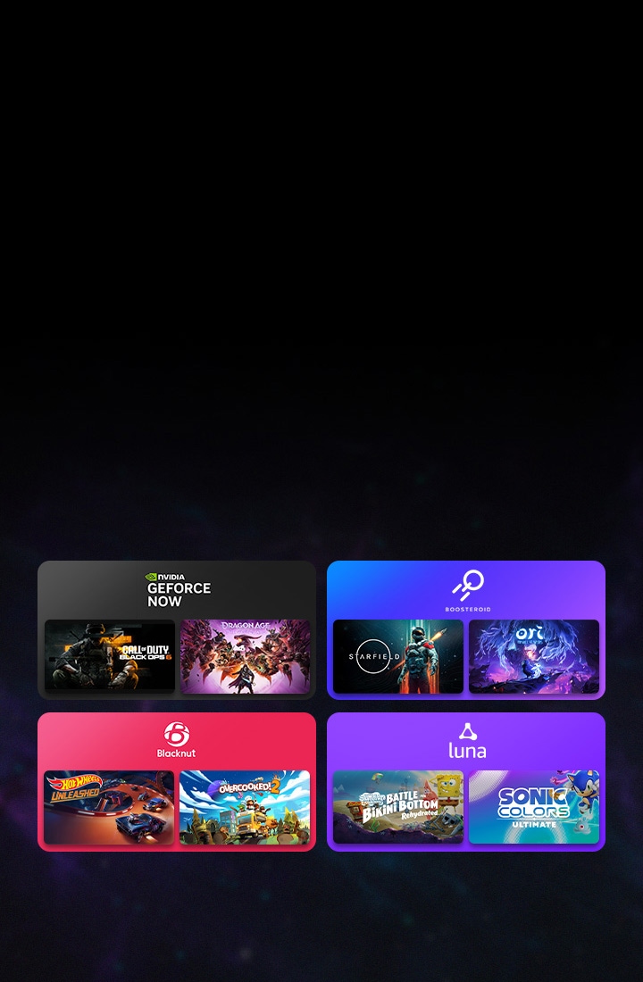 Cztery kolorowe pudełka zawierające logo usługi gier w chmurze i dwie miniatury gier, podkreślające popularne platformy gier w chmurze, takie jak GeForce NOW i Boosteroid dostępne z portalu LG Gaming.