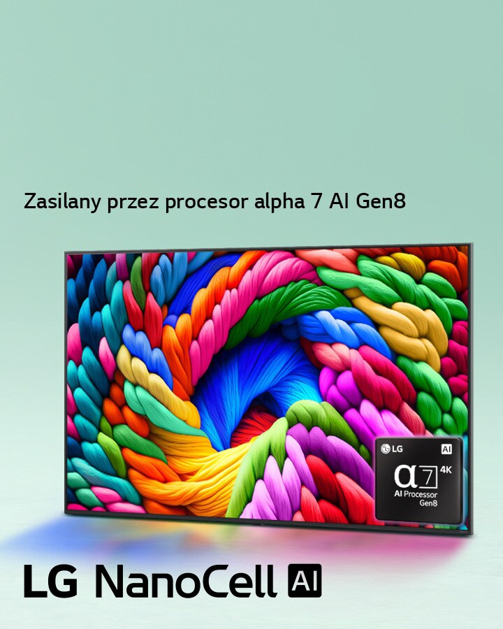 Telewizor LG NanoCell jest lekko pochylony w lewo i przedstawia kolorowe nitki. Logo procesora alpha 7 AI 4K znajduje się w prawym dolnym rogu telewizora. Tło stanowi kolorowy turkusowy gradient. 