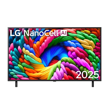 Przedni widok na telewizor NanoCell NANO90, logo LG NanoCell Al w rogu ekranu. LG NanoCell TV przedstawia kolorowe, przypominające farbę tekstury.