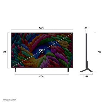 Widok z przodu i z boku na telewizor LG NanoCell NANO90 AI 4K Smart prezentujący jego długość, szerokość, wysokość i głębokość.