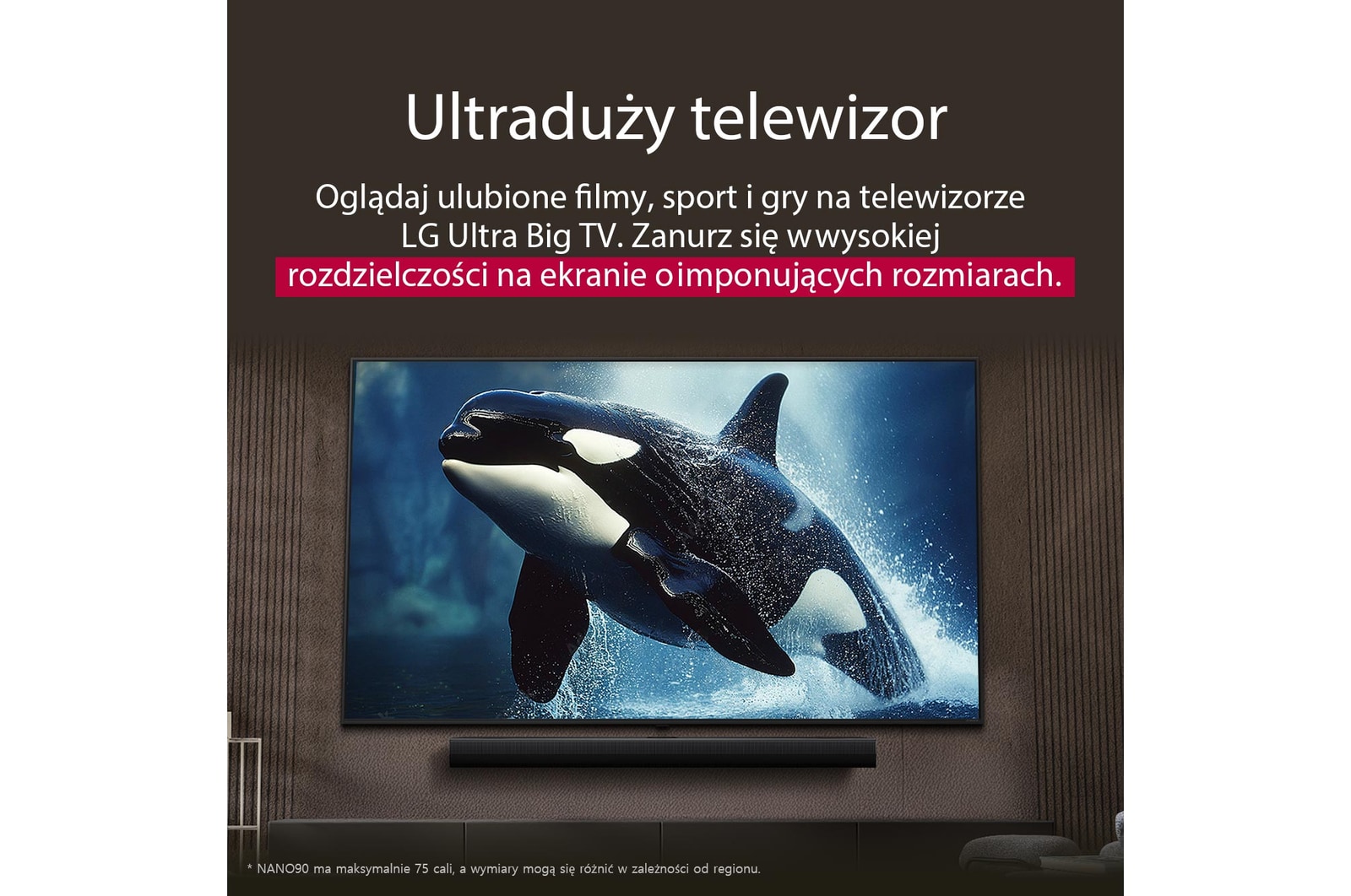 Telewizor LG z imponująco dużym ekranem zamontowany na ścianie nad soundbarem LG w nowoczesnym salonie.