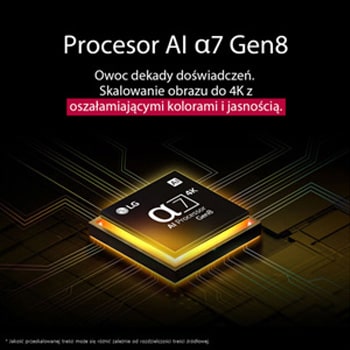 Procesor alpha 7 AI Gen8 rozświetla się na żółto i wydobywają się z niego kolorowe wiązki światła. Napis wskazuje, że procesor zapewnia jakość 4K, jasność oraz odpowiednie odwzorowanie kolorów.