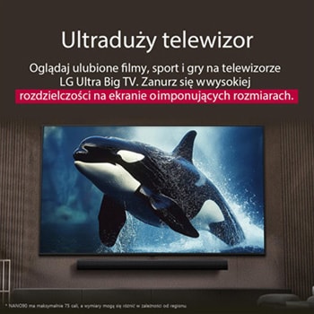 Telewizor LG z imponująco dużym ekranem zamontowany na ścianie nad soundbarem LG w nowoczesnym salonie.