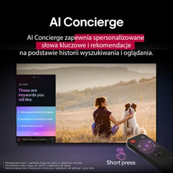 Pilot LG AI Magic na tle ekranu telewizora LG. Na ekranie widoczna jest spersonalizowana treść dostosowana przez LG AI na podstawie wyszukiwania i historii oglądania użytkownika. Obok pilota znajduje się ikona oraz etykieta informująca, że funkcja AI Concierge jest łatwo dostępna po jednokrotnym naciśnięciu przycisku AI. 
