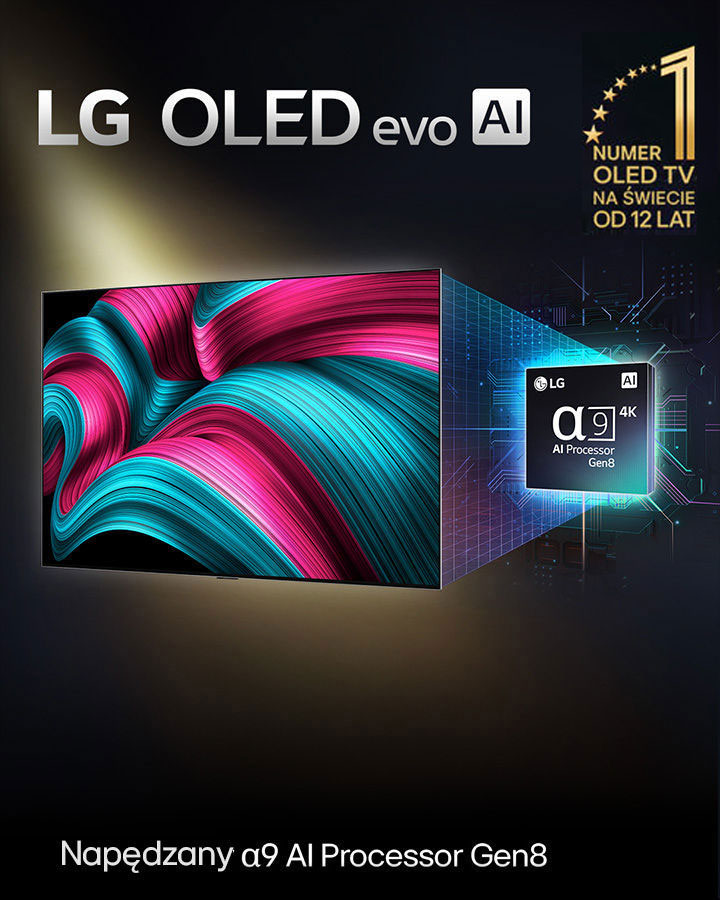 Ekran LG OLED evo AI TV wyświetla abstrakcyjny obraz o imponującej szczegółowości, kolorystyce i kontraście. Powiększona wersja procesora AI alpha 9 Gen8 znajduje się za telewizorem. Świeci ona światłem oświetlającym obwody mikroprocesora wokół niej. Tytuł brzmi: LG OLED evo AI. Tekst jest również widoczny, zasilany przez procesor AI alpha 9 Gen8. W rogu znajduje się złote logo z gwiazdkami, z napisem: „OLED TV – numer jeden na świecie od 12 lat”. 