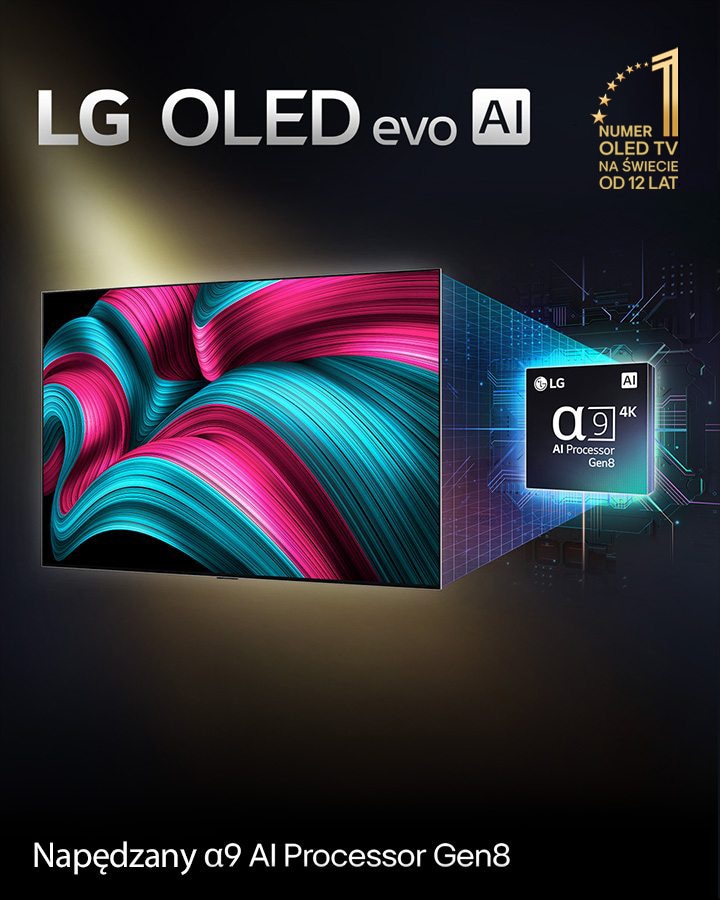 Ekran LG OLED evo AI TV wyświetla abstrakcyjny obraz o imponującej szczegółowości, kolorystyce i kontraście. Powiększona wersja procesora AI alpha 9 Gen8 znajduje się za telewizorem. Świeci ona światłem oświetlającym obwody mikroprocesora wokół niej. Tytuł brzmi: LG OLED evo AI. Tekst jest również widoczny, zasilany przez procesor AI alpha 9 Gen8. W rogu znajduje się złote logo z gwiazdkami, z napisem: „OLED TV – numer jeden na świecie od 12 lat”. 