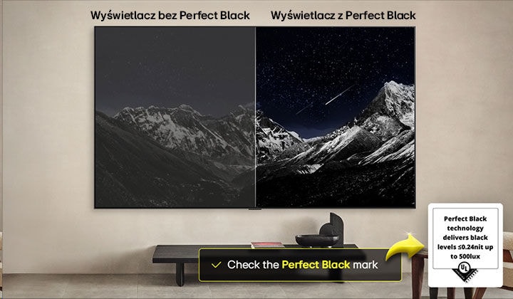 Salon z zamontowanym na ścianie LG OLED TV. Telewizor wyświetla pasmo górskie na tle ciemnego wieczornego nieba wypełnionego gwiazdami. Scena podzielona jest na pół. Po jednej stronie znajduje się matowa, bardziej szara wersja krajobrazu z napisem Matte. Z drugiej strony otrzymujemy przyjemniejszy obraz z większym zakresem dynamiki czerni i bieli. Jest on oznaczony jako wyświetlacz Perfect Black. Widoczny jest również certyfikat logo. Technologia Perfect Black zapewnia poziom czerni mniejszy lub równy 0,24 nit do 500 luksów. Obok znajduje się dymek tekstowy z informacją: „Sprawdź oznaczenie certyfikatu Perfect Black”.