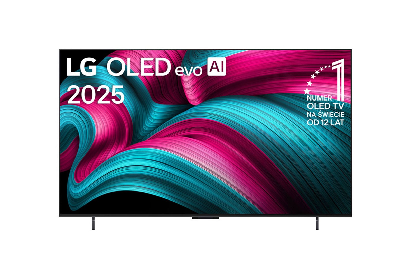 Widok z przodu na LG OLED evo AI C5 4K Smart TV. Emblemat „12 Years of World Number 1 OLED” i logo LG OLED evo AI 2025 na ekranie.