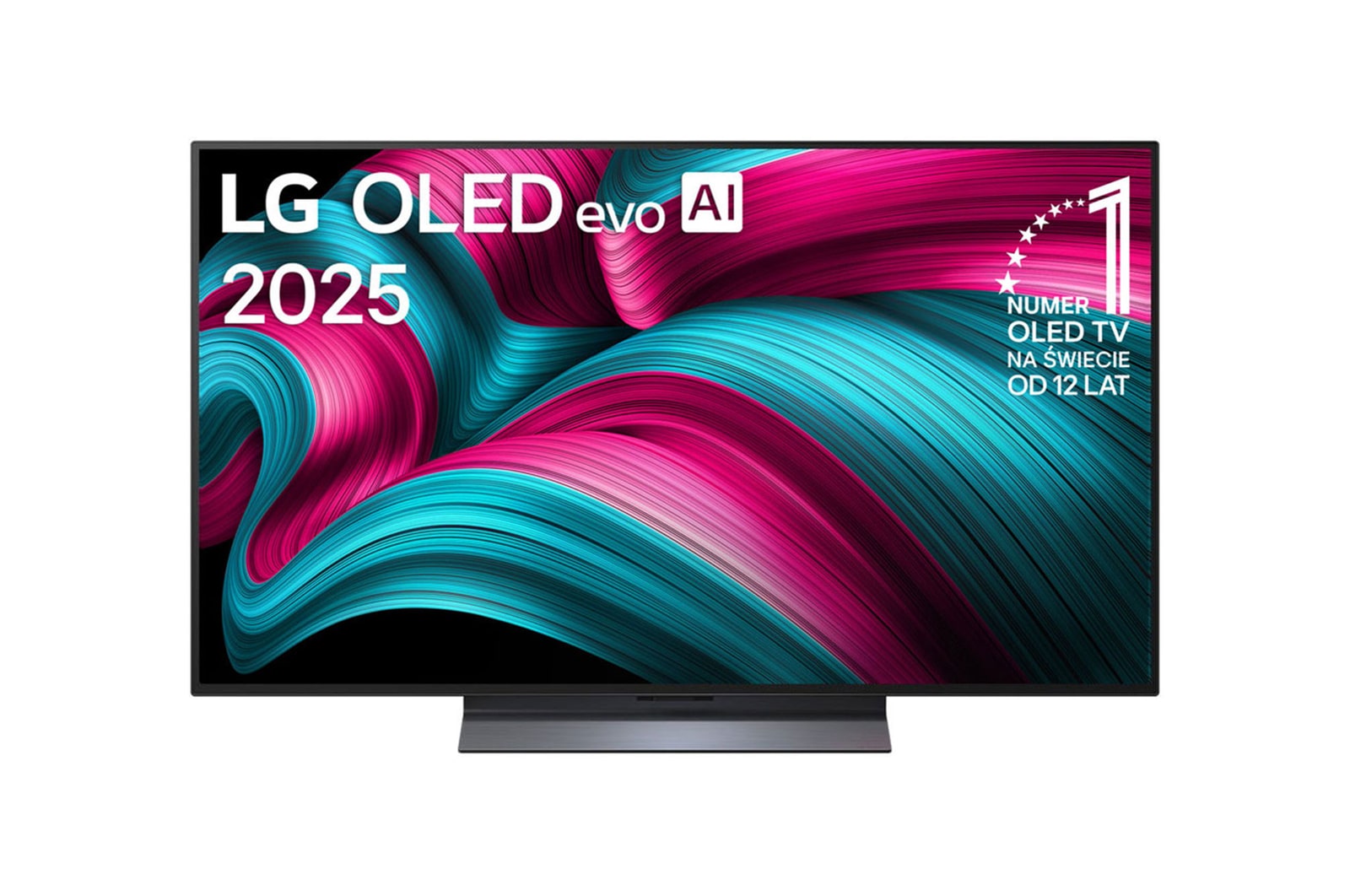Widok z przodu na LG OLED evo AI C5 4K Smart TV. Emblemat „12 Years of World Number 1 OLED” i logo LG OLED evo AI 2025 na ekranie.
