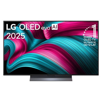 Widok z przodu na LG OLED evo AI C5 4K Smart TV. Emblemat „12 Years of World Number 1 OLED” i logo LG OLED evo AI 2025 na ekranie.