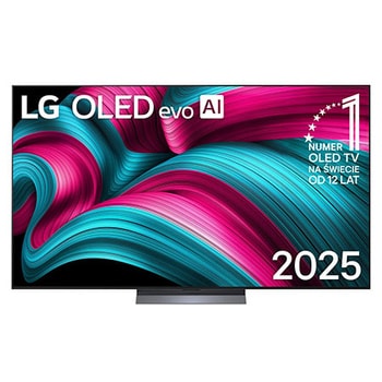 Widok z przodu na LG OLED evo AI C5 4K Smart TV. Emblemat „12 Years of World Number 1 OLED” i logo LG OLED evo AI 2025 na ekranie.