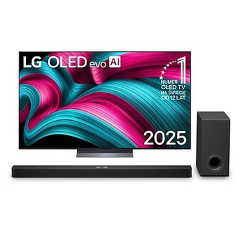 Widok z przodu na LG OLED evo AI C5 4K Smart TV. Emblemat „12 Years of World Number 1 OLED” i logo LG OLED evo AI 2025 na ekranie.