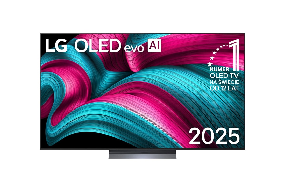 Widok z przodu na LG OLED evo AI C5 4K Smart TV. Emblemat „12 Years of World Number 1 OLED” i logo LG OLED evo AI 2025 na ekranie.