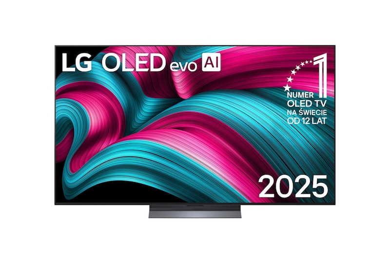 Widok z przodu na LG OLED evo AI C5 4K Smart TV. Emblemat „12 Years of World Number 1 OLED” i logo LG OLED evo AI 2025 na ekranie.