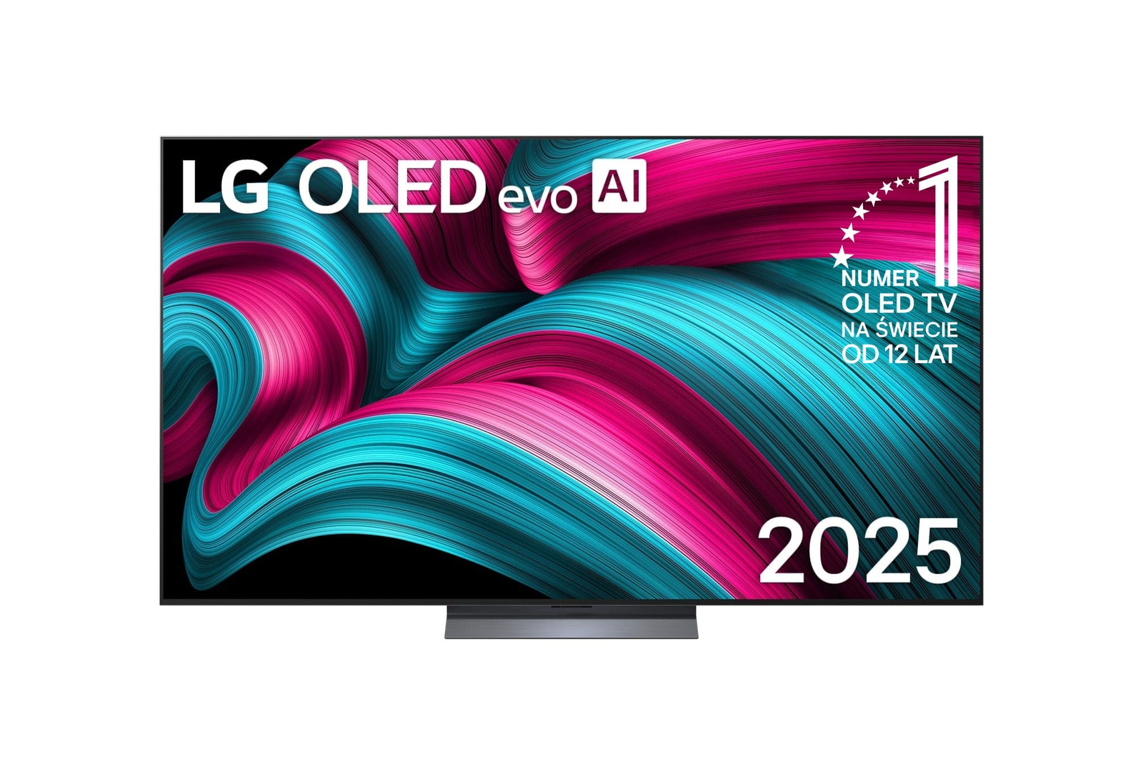 Widok z przodu na LG OLED evo AI C5 4K Smart TV. Emblemat „12 Years of World Number 1 OLED” i logo LG OLED evo AI 2025 na ekranie.