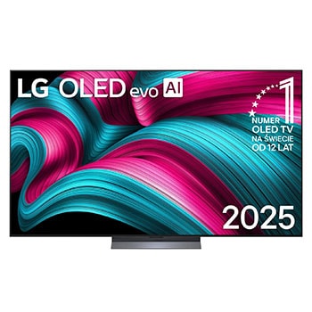 Widok z przodu na LG OLED evo AI C5 4K Smart TV. Emblemat „12 Years of World Number 1 OLED” i logo LG OLED evo AI 2025 na ekranie.
