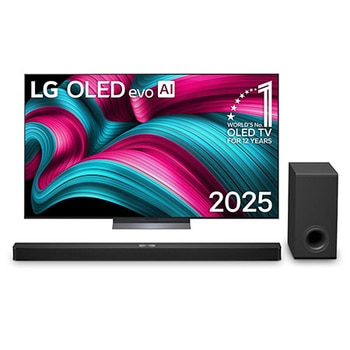 Widok z przodu na LG OLED evo AI C5 4K Smart TV. Emblemat „12 Years of World Number 1 OLED” i logo LG OLED evo AI 2025 na ekranie.