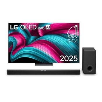 Widok z przodu na LG OLED evo AI C5 4K Smart TV. Emblemat „12 Years of World Number 1 OLED” i logo LG OLED evo AI 2025 na ekranie.