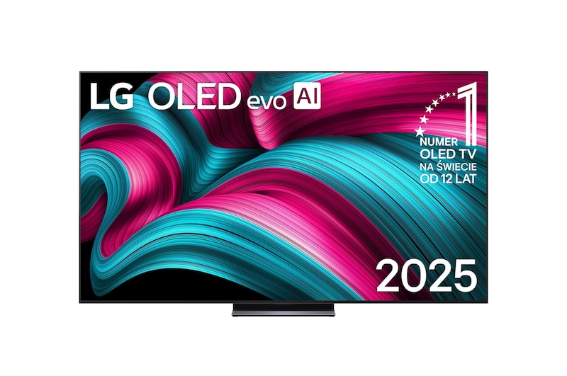 Widok z przodu na LG OLED evo AI C5 4K Smart TV. Emblemat „12 Years of World Number 1 OLED” i logo LG OLED evo AI 2025 na ekranie.