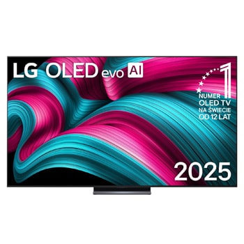 Widok z przodu na LG OLED evo AI C5 4K Smart TV. Emblemat „12 Years of World Number 1 OLED” i logo LG OLED evo AI 2025 na ekranie.