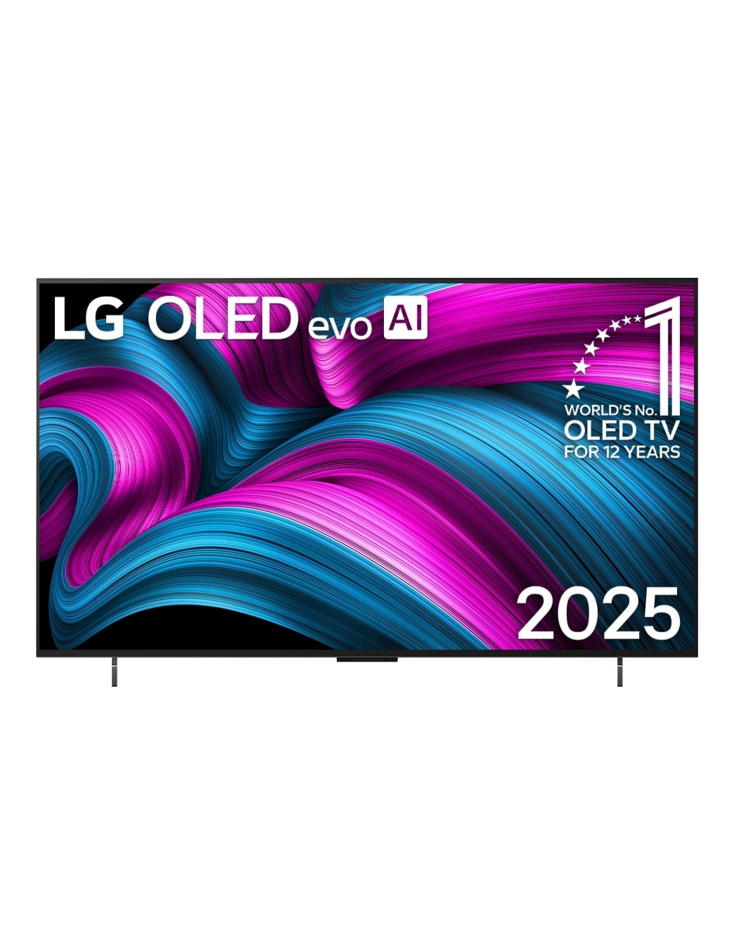 Widok z przodu na LG OLED evo AI C5 4K Smart TV. Emblemat „12 Years of World Number 1 OLED” i logo LG OLED evo AI 2025 na ekranie.