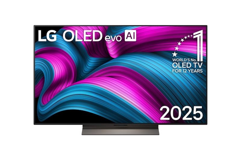 Widok z przodu na LG OLED evo AI C5 4K Smart TV. Emblemat „12 Years of World Number 1 OLED” i logo LG OLED evo AI 2025 na ekranie.