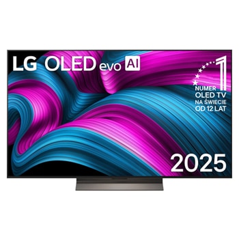 Widok z przodu na LG OLED evo AI C5 4K Smart TV. Emblemat „12 Years of World Number 1 OLED” i logo LG OLED evo AI 2025 na ekranie.
