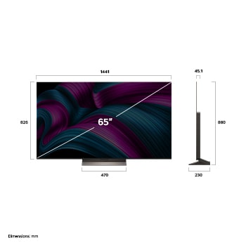 Przedni i boczny widok na LG OLED evo AI C5 4K Smart TV prezentujący jego długość, szerokość, wysokość i głębokość.