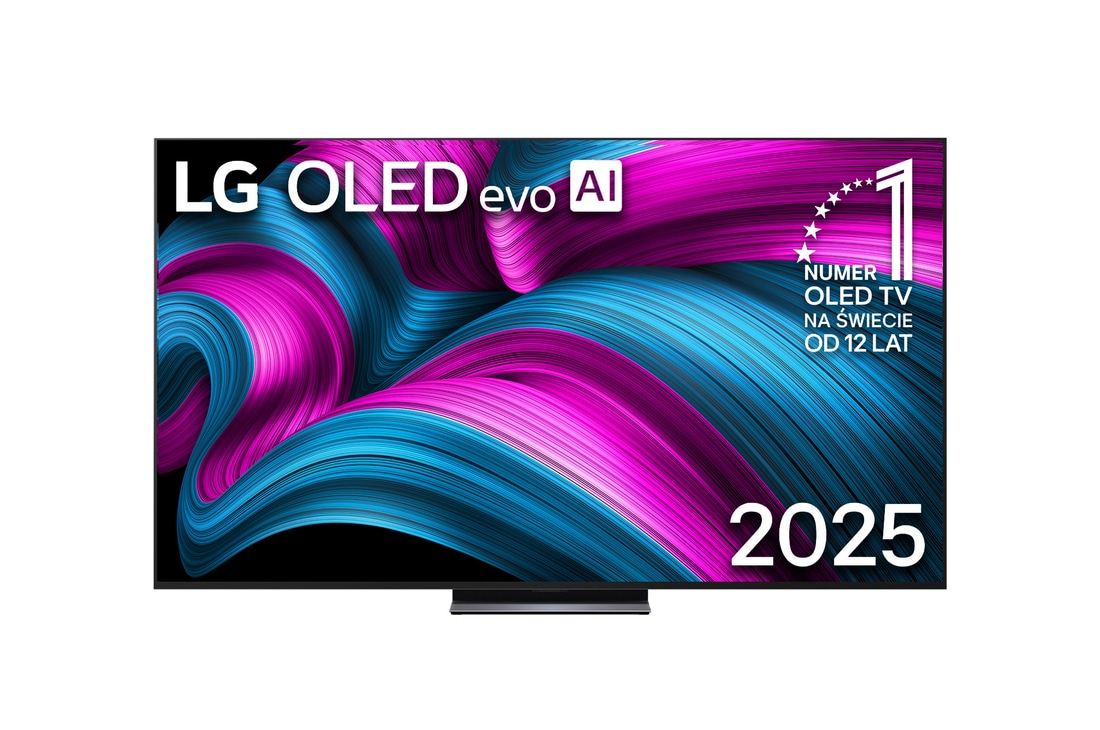 Widok z przodu na LG OLED evo AI C5 4K Smart TV. Emblemat „12 Years of World Number 1 OLED” i logo LG OLED evo AI 2025 na ekranie.
