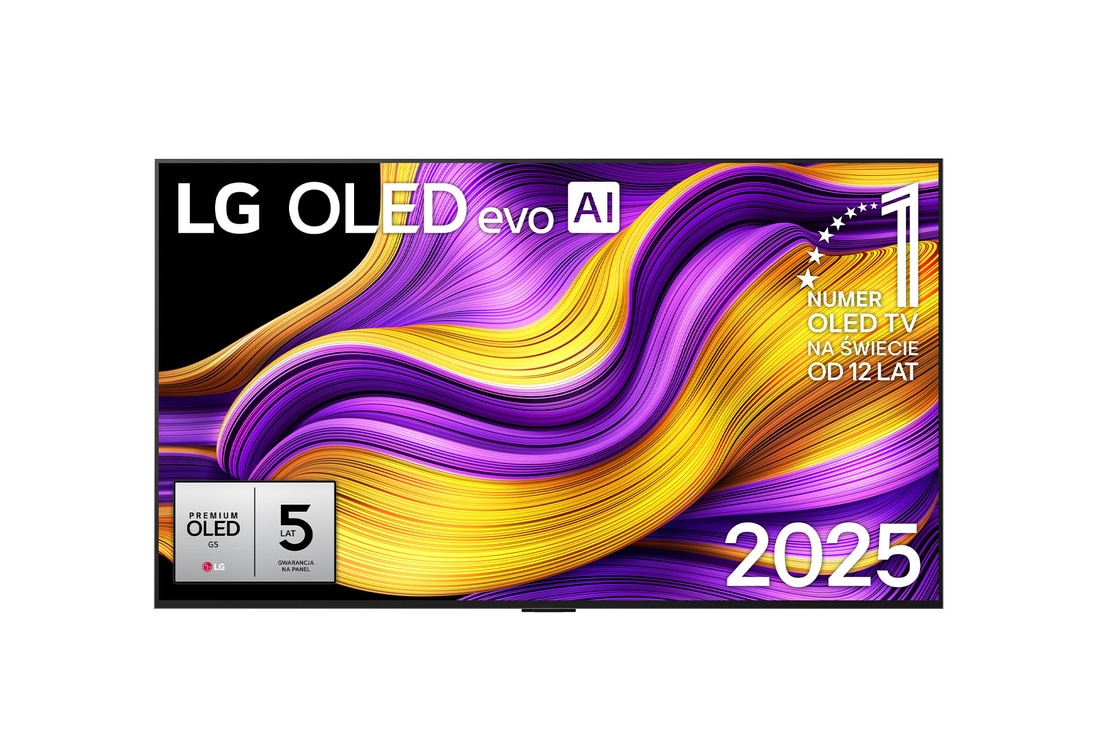 Przedni widok na LG OLED evo AI G5 4K Smart TV. Emblemat „12 Years of World Number 1 OLED” i logo LG OLED evo AI 2025 na ekranie.